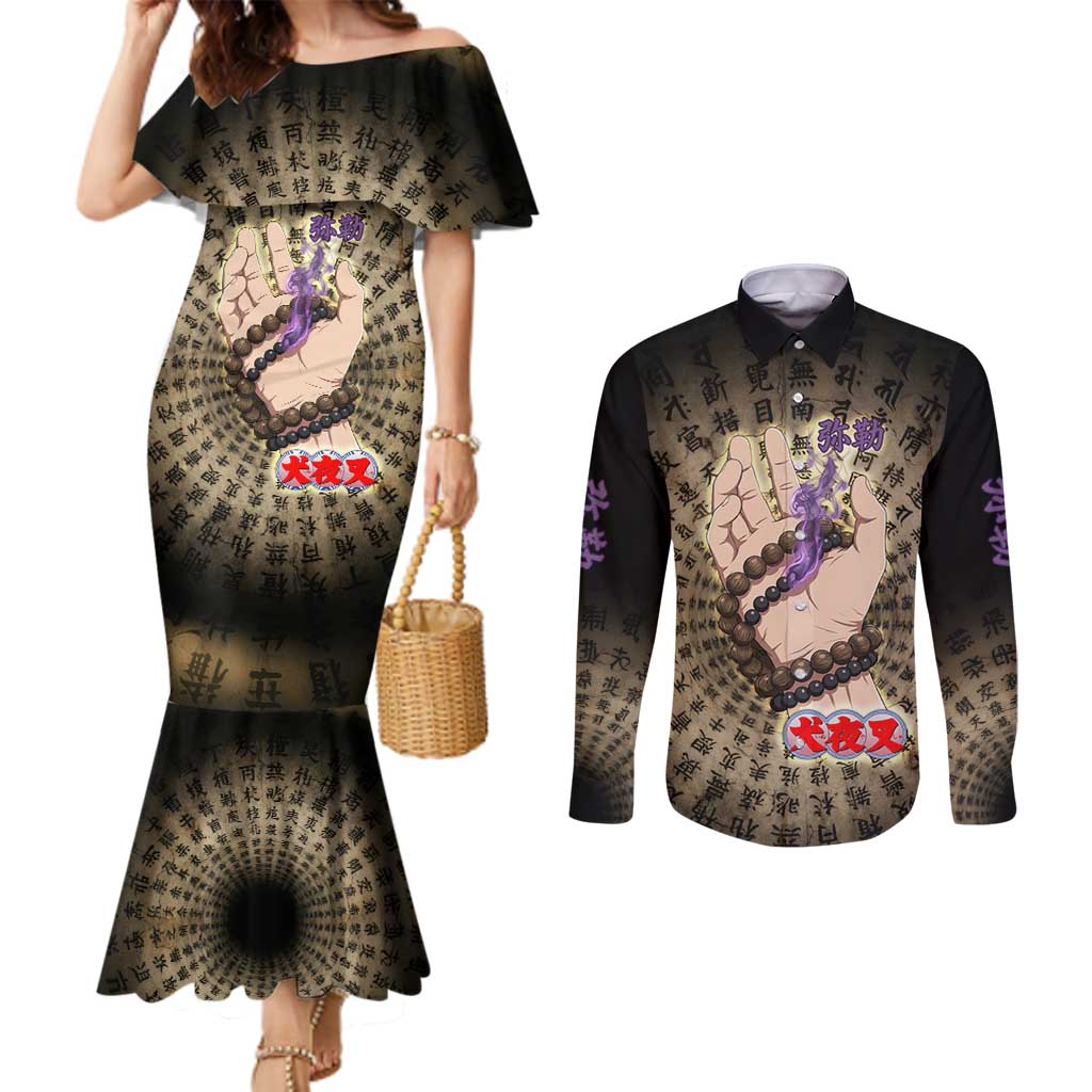Miroku Inuyasha Series Couples Matching Mermaid Dress and Long Sleeve Button Shirt Cursed Monk Aesthetic with Sutra Script Background