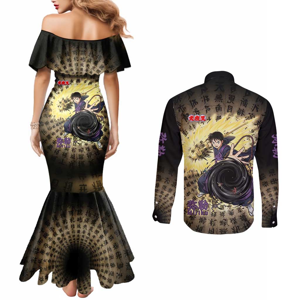 Miroku Inuyasha Series Couples Matching Mermaid Dress and Long Sleeve Button Shirt Cursed Monk Aesthetic with Sutra Script Background