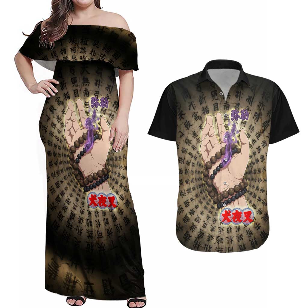 Miroku Inuyasha Series Couples Matching Off Shoulder Maxi Dress and Hawaiian Shirt Cursed Monk Aesthetic with Sutra Script Background