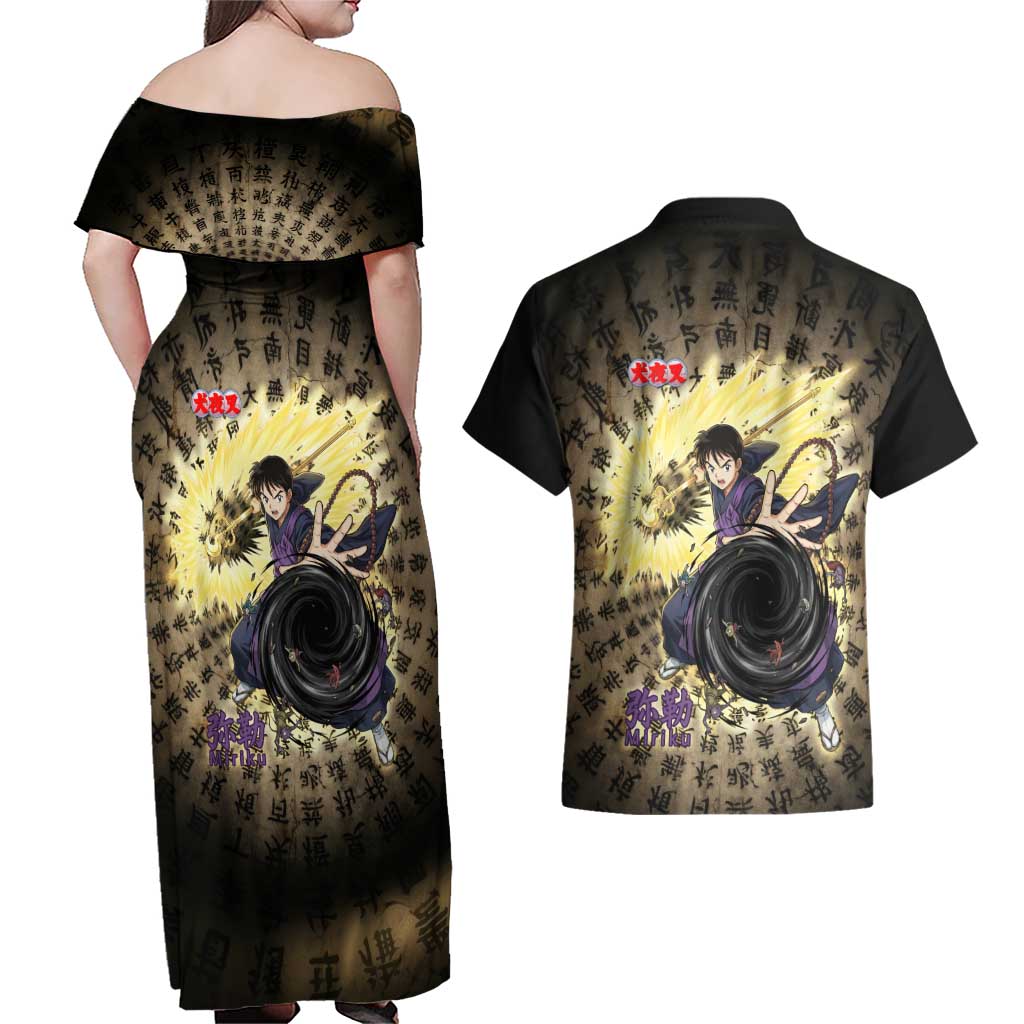 Miroku Inuyasha Series Couples Matching Off Shoulder Maxi Dress and Hawaiian Shirt Cursed Monk Aesthetic with Sutra Script Background