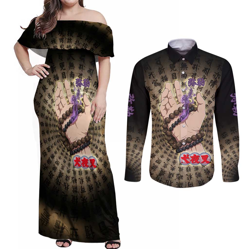 Miroku Inuyasha Series Couples Matching Off Shoulder Maxi Dress and Long Sleeve Button Shirt Cursed Monk Aesthetic with Sutra Script Background