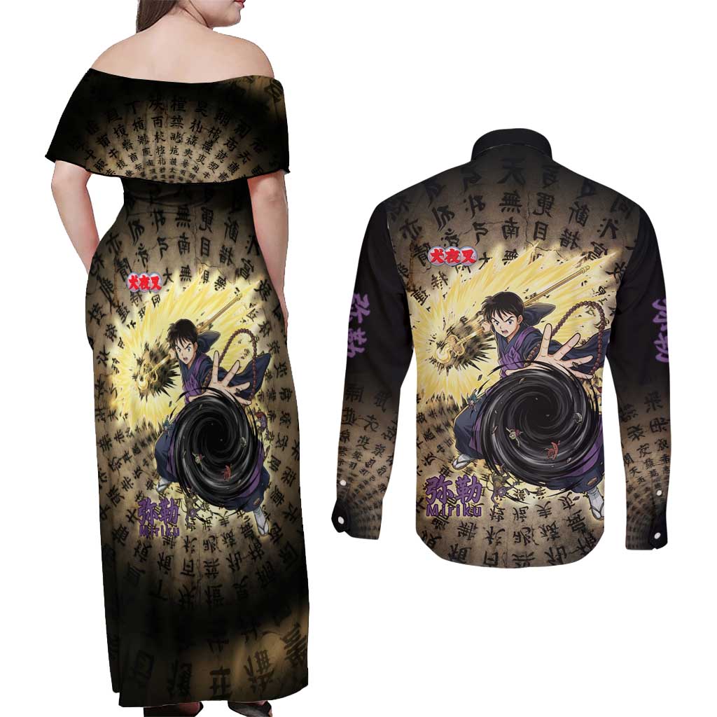 Miroku Inuyasha Series Couples Matching Off Shoulder Maxi Dress and Long Sleeve Button Shirt Cursed Monk Aesthetic with Sutra Script Background