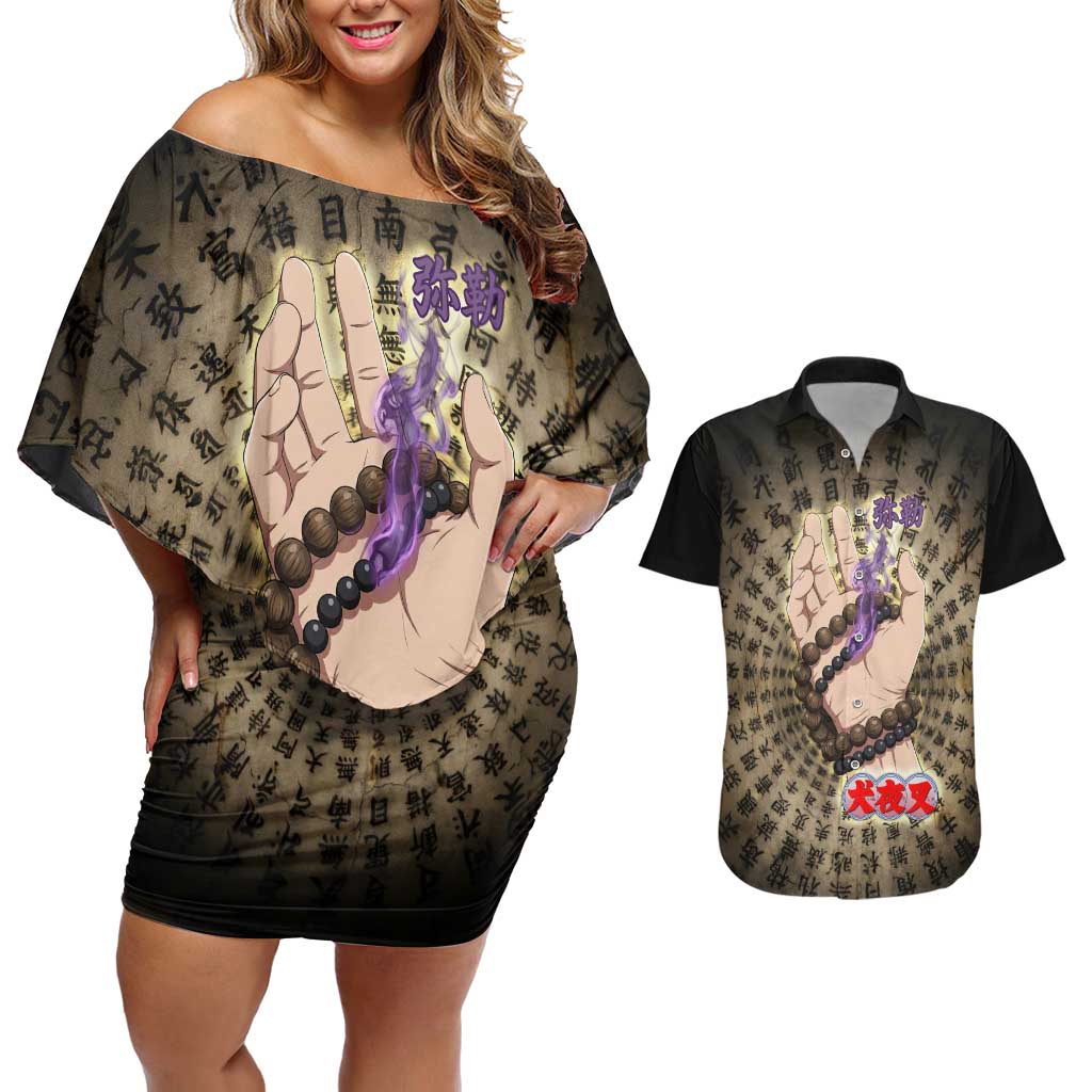 Miroku Inuyasha Series Couples Matching Off Shoulder Short Dress and Hawaiian Shirt Cursed Monk Aesthetic with Sutra Script Background