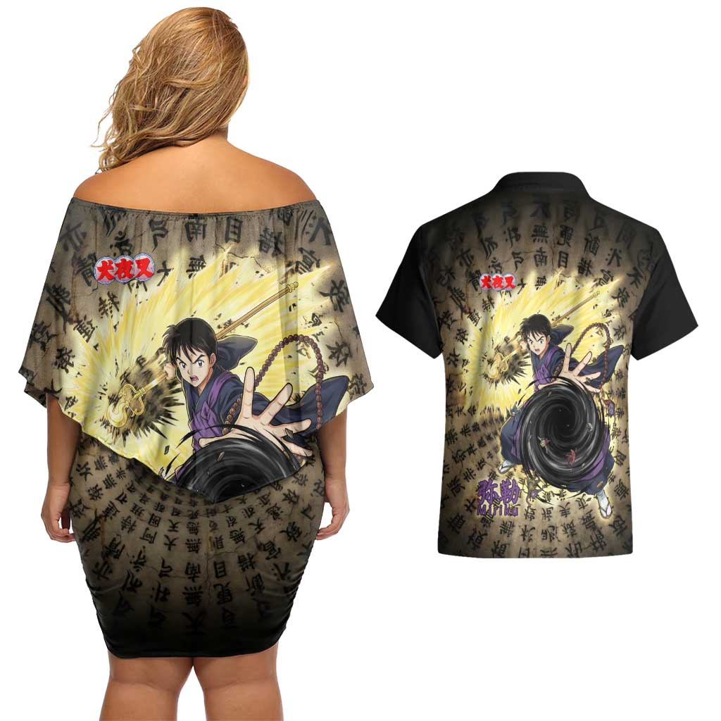 Miroku Inuyasha Series Couples Matching Off Shoulder Short Dress and Hawaiian Shirt Cursed Monk Aesthetic with Sutra Script Background
