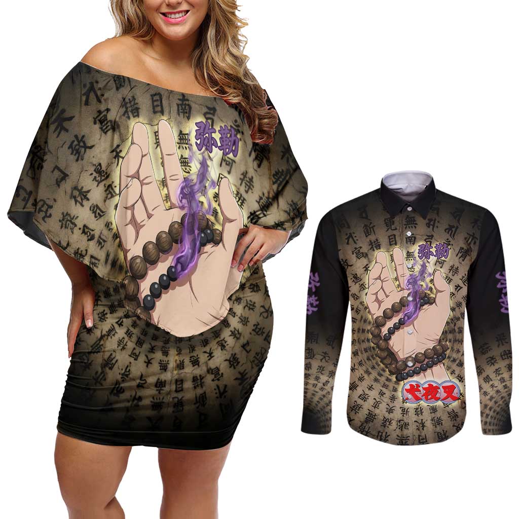 Miroku Inuyasha Series Couples Matching Off Shoulder Short Dress and Long Sleeve Button Shirt Cursed Monk Aesthetic with Sutra Script Background