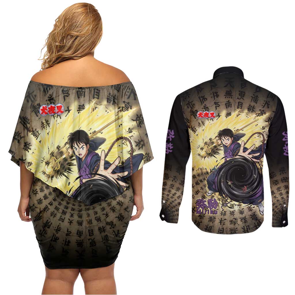 Miroku Inuyasha Series Couples Matching Off Shoulder Short Dress and Long Sleeve Button Shirt Cursed Monk Aesthetic with Sutra Script Background