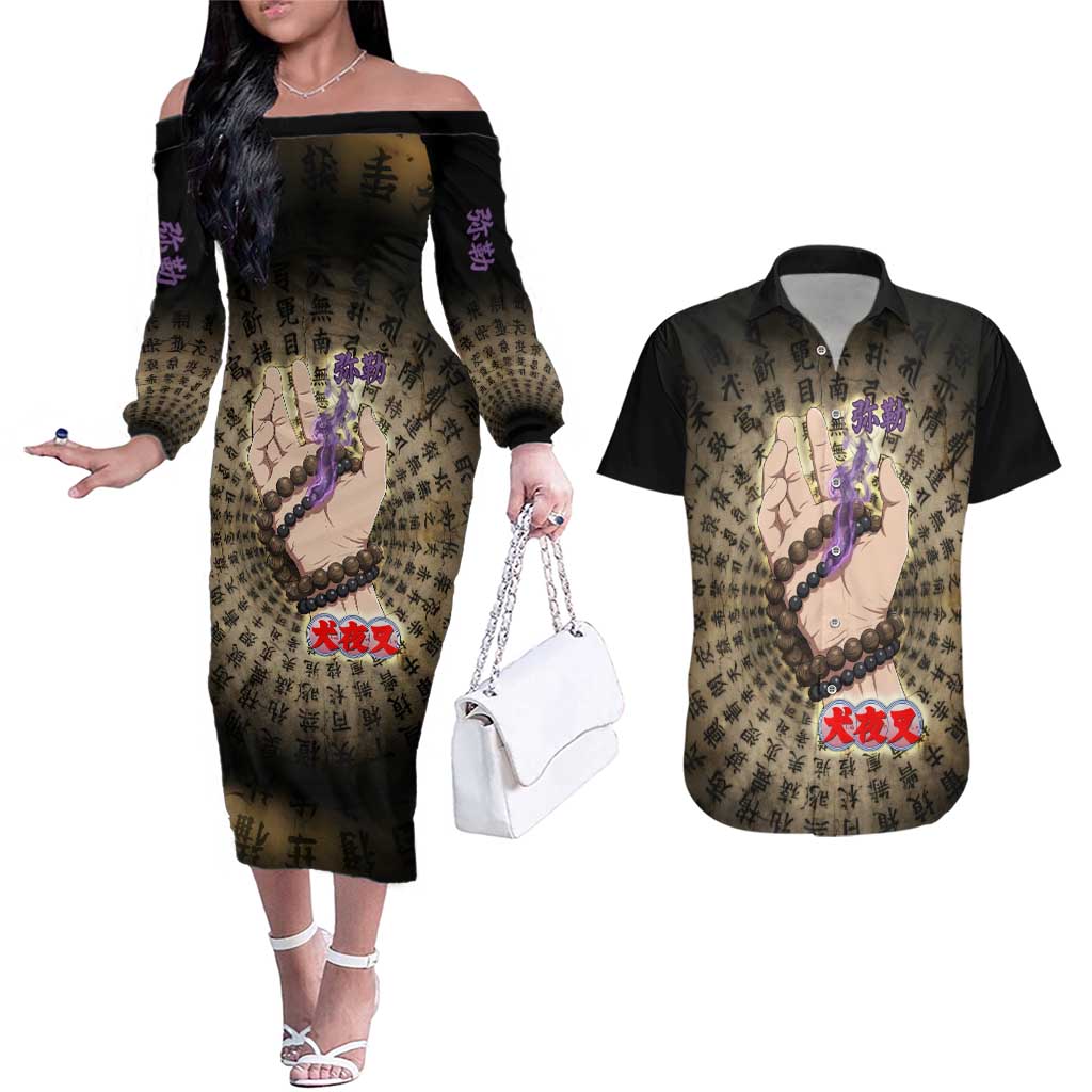 Miroku Inuyasha Series Couples Matching Off The Shoulder Long Sleeve Dress and Hawaiian Shirt Cursed Monk Aesthetic with Sutra Script Background