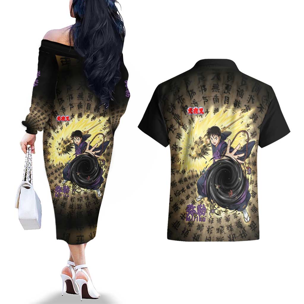 Miroku Inuyasha Series Couples Matching Off The Shoulder Long Sleeve Dress and Hawaiian Shirt Cursed Monk Aesthetic with Sutra Script Background