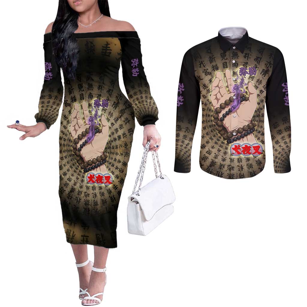 Miroku Inuyasha Series Couples Matching Off The Shoulder Long Sleeve Dress and Long Sleeve Button Shirt Cursed Monk Aesthetic with Sutra Script Background