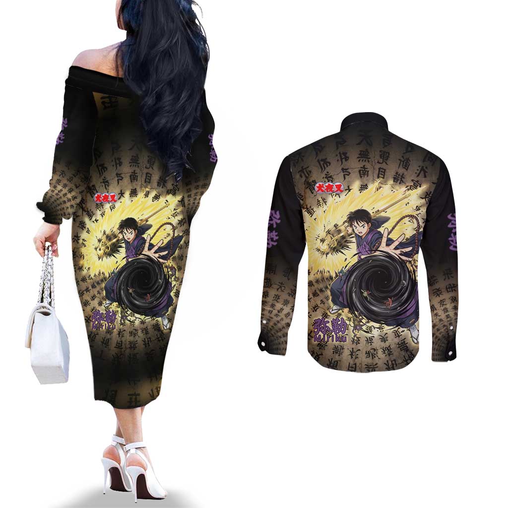 Miroku Inuyasha Series Couples Matching Off The Shoulder Long Sleeve Dress and Long Sleeve Button Shirt Cursed Monk Aesthetic with Sutra Script Background
