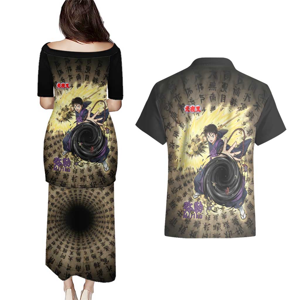Miroku Inuyasha Series Couples Matching Puletasi and Hawaiian Shirt Cursed Monk Aesthetic with Sutra Script Background