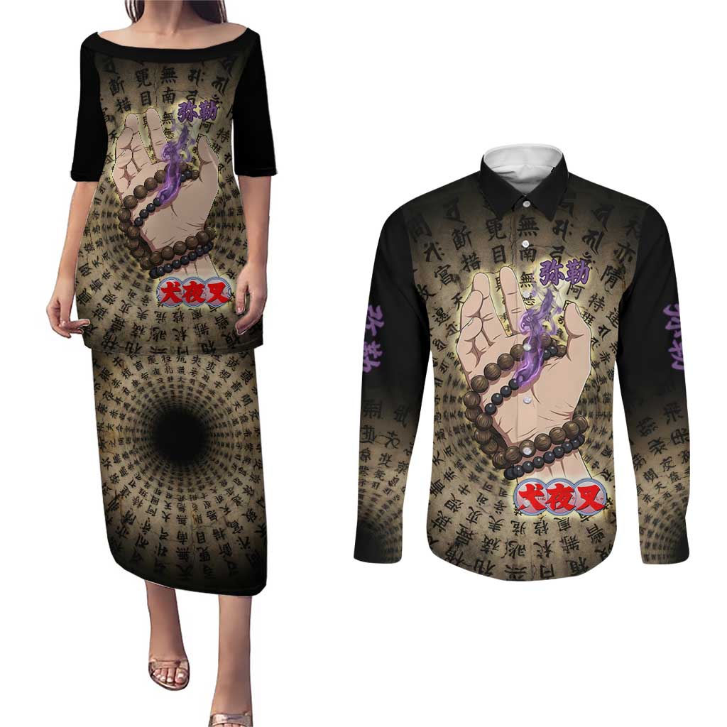 Miroku Inuyasha Series Couples Matching Puletasi and Long Sleeve Button Shirt Cursed Monk Aesthetic with Sutra Script Background