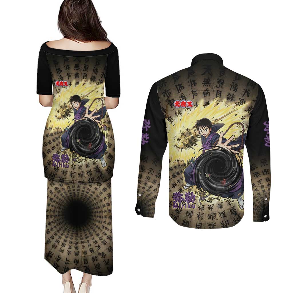 Miroku Inuyasha Series Couples Matching Puletasi and Long Sleeve Button Shirt Cursed Monk Aesthetic with Sutra Script Background