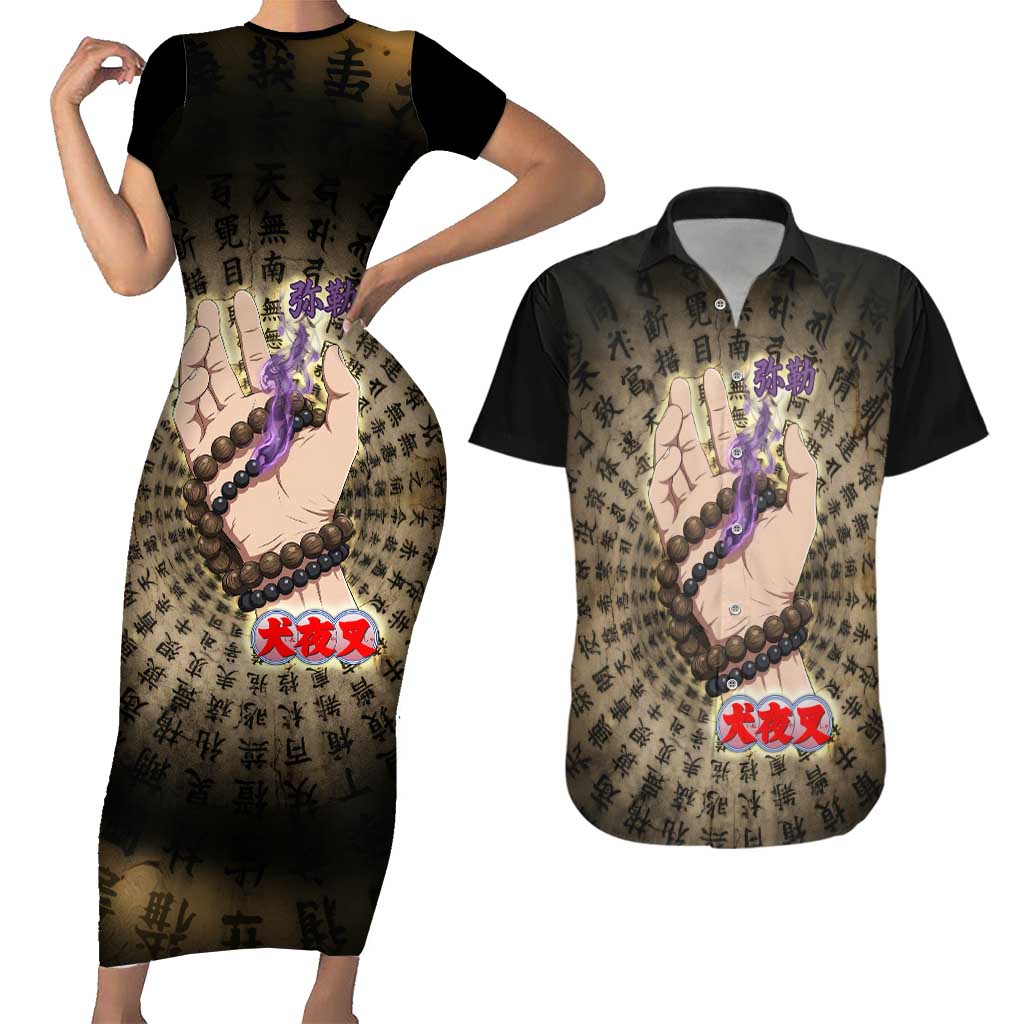 Miroku Inuyasha Series Couples Matching Short Sleeve Bodycon Dress and Hawaiian Shirt Cursed Monk Aesthetic with Sutra Script Background