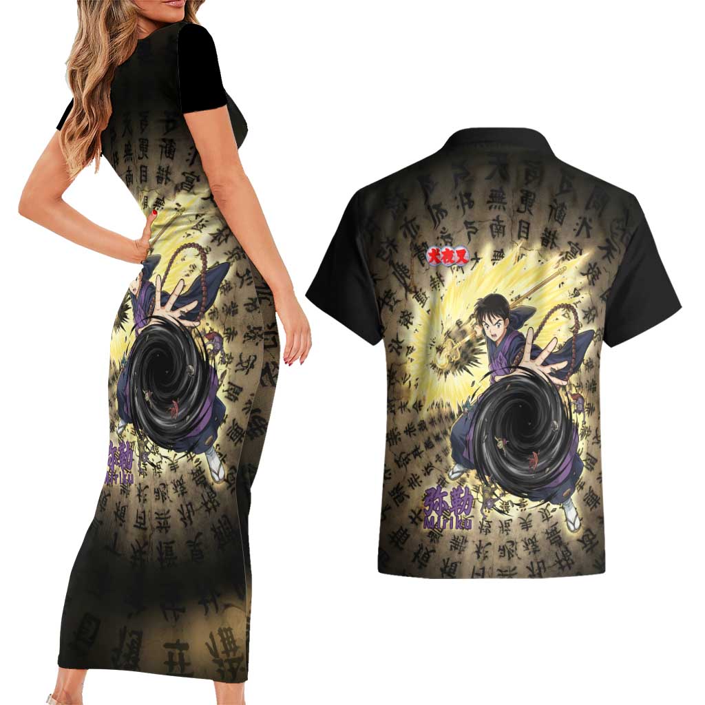 Miroku Inuyasha Series Couples Matching Short Sleeve Bodycon Dress and Hawaiian Shirt Cursed Monk Aesthetic with Sutra Script Background