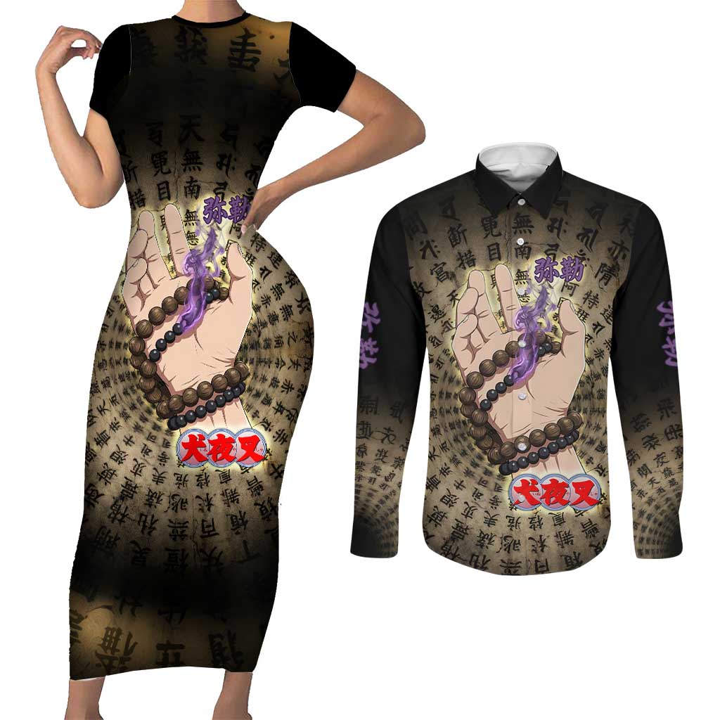 Miroku Inuyasha Series Couples Matching Short Sleeve Bodycon Dress and Long Sleeve Button Shirt Cursed Monk Aesthetic with Sutra Script Background