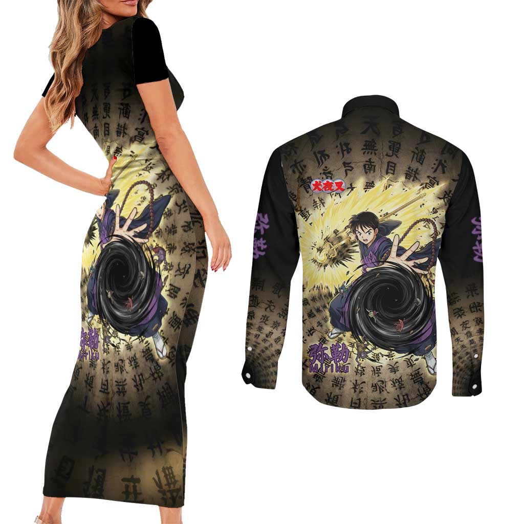 Miroku Inuyasha Series Couples Matching Short Sleeve Bodycon Dress and Long Sleeve Button Shirt Cursed Monk Aesthetic with Sutra Script Background