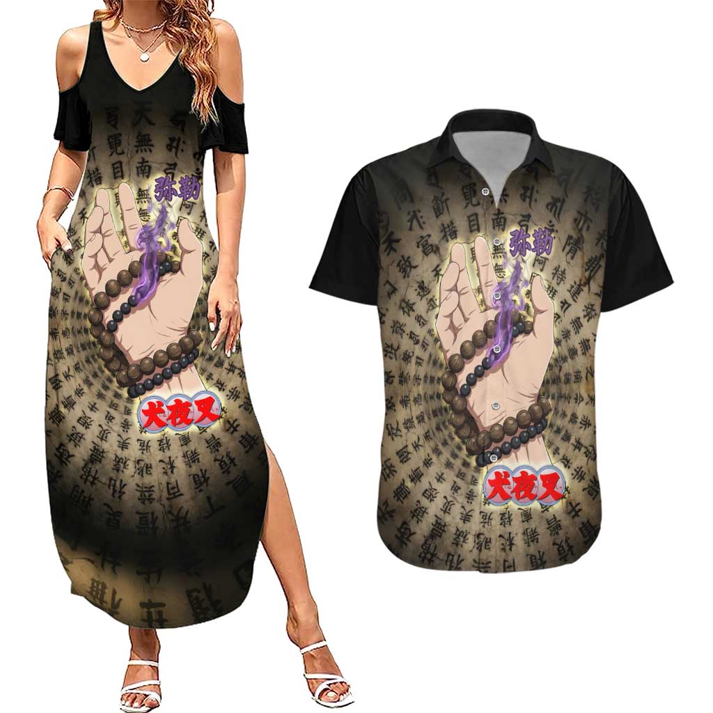 Miroku Inuyasha Series Couples Matching Summer Maxi Dress and Hawaiian Shirt Cursed Monk Aesthetic with Sutra Script Background
