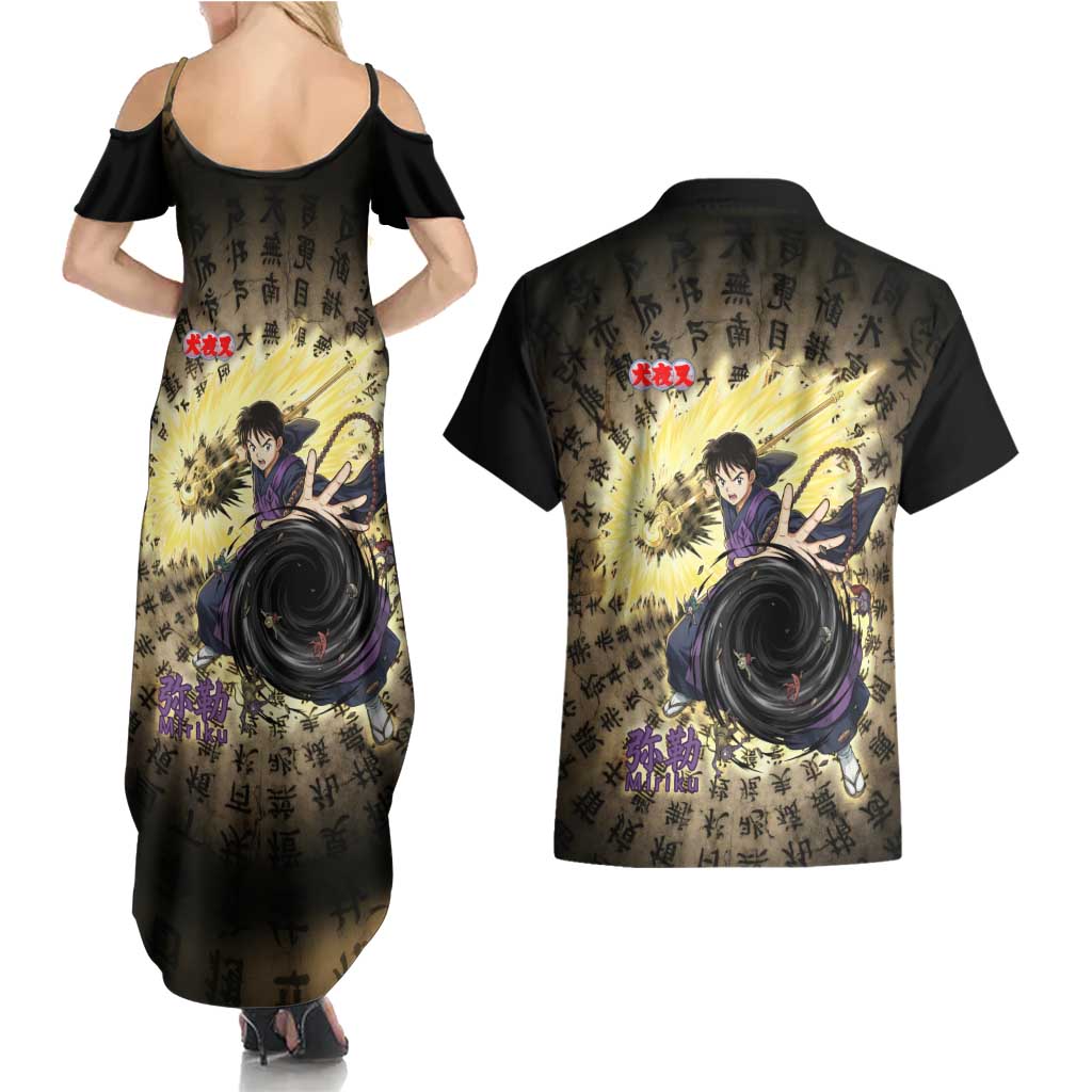 Miroku Inuyasha Series Couples Matching Summer Maxi Dress and Hawaiian Shirt Cursed Monk Aesthetic with Sutra Script Background