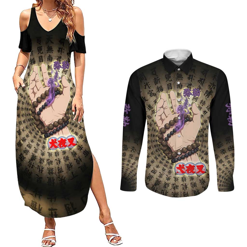 Miroku Inuyasha Series Couples Matching Summer Maxi Dress and Long Sleeve Button Shirt Cursed Monk Aesthetic with Sutra Script Background