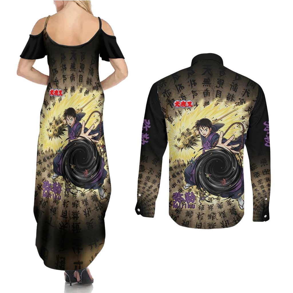 Miroku Inuyasha Series Couples Matching Summer Maxi Dress and Long Sleeve Button Shirt Cursed Monk Aesthetic with Sutra Script Background