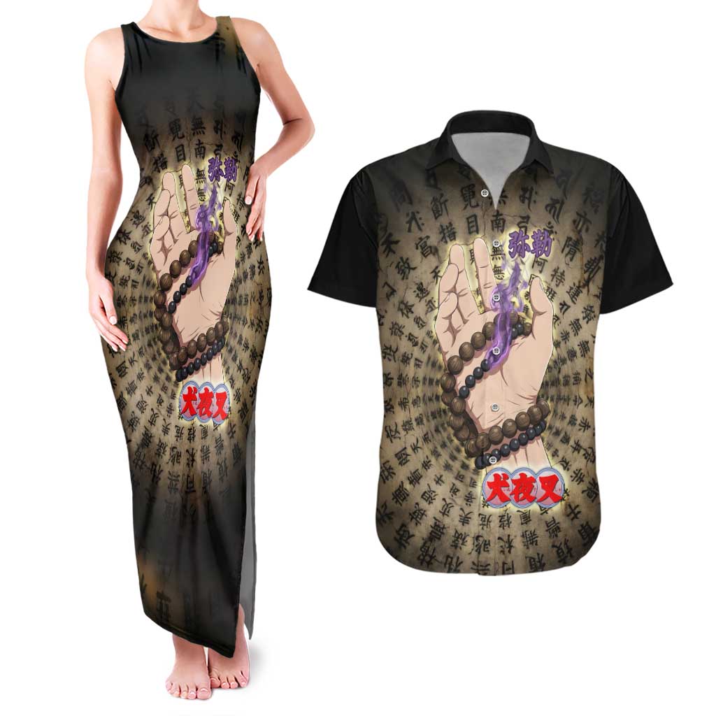 Miroku Inuyasha Series Couples Matching Tank Maxi Dress and Hawaiian Shirt Cursed Monk Aesthetic with Sutra Script Background
