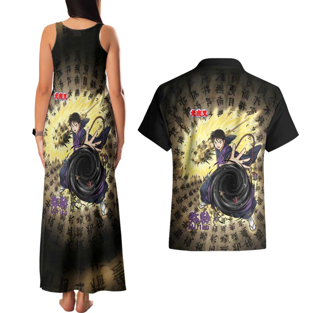 Miroku Inuyasha Series Couples Matching Tank Maxi Dress and Hawaiian Shirt Cursed Monk Aesthetic with Sutra Script Background