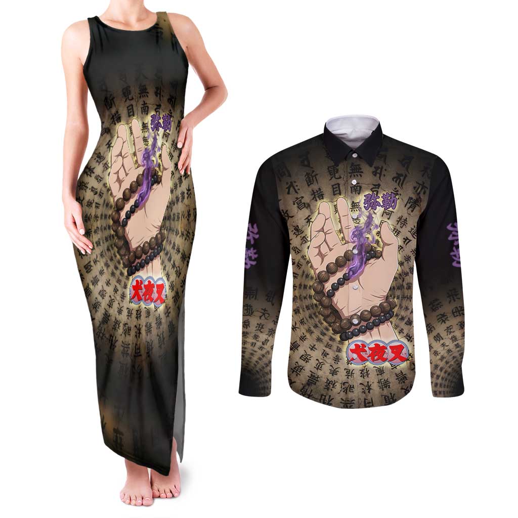 Miroku Inuyasha Series Couples Matching Tank Maxi Dress and Long Sleeve Button Shirt Cursed Monk Aesthetic with Sutra Script Background