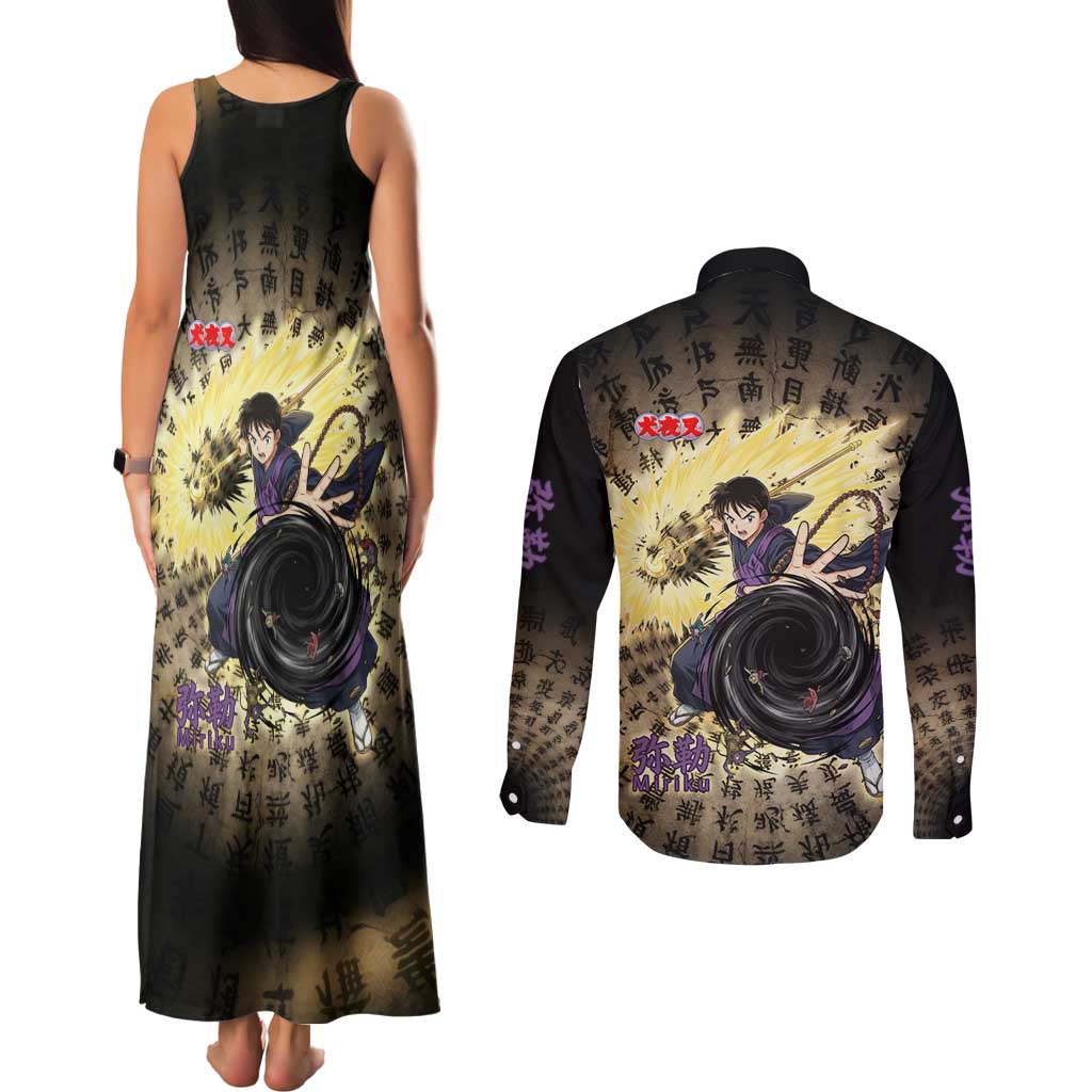 Miroku Inuyasha Series Couples Matching Tank Maxi Dress and Long Sleeve Button Shirt Cursed Monk Aesthetic with Sutra Script Background
