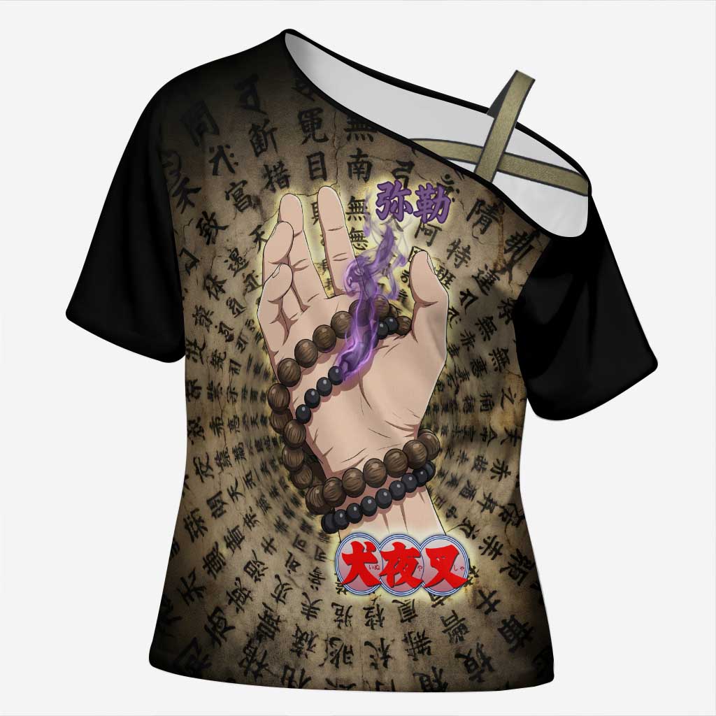 Miroku Inuyasha Series Cross Shoulder Shirt Cursed Monk Aesthetic with Sutra Script Background