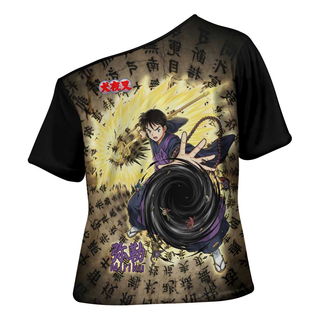 Miroku Inuyasha Series Cross Shoulder Shirt Cursed Monk Aesthetic with Sutra Script Background