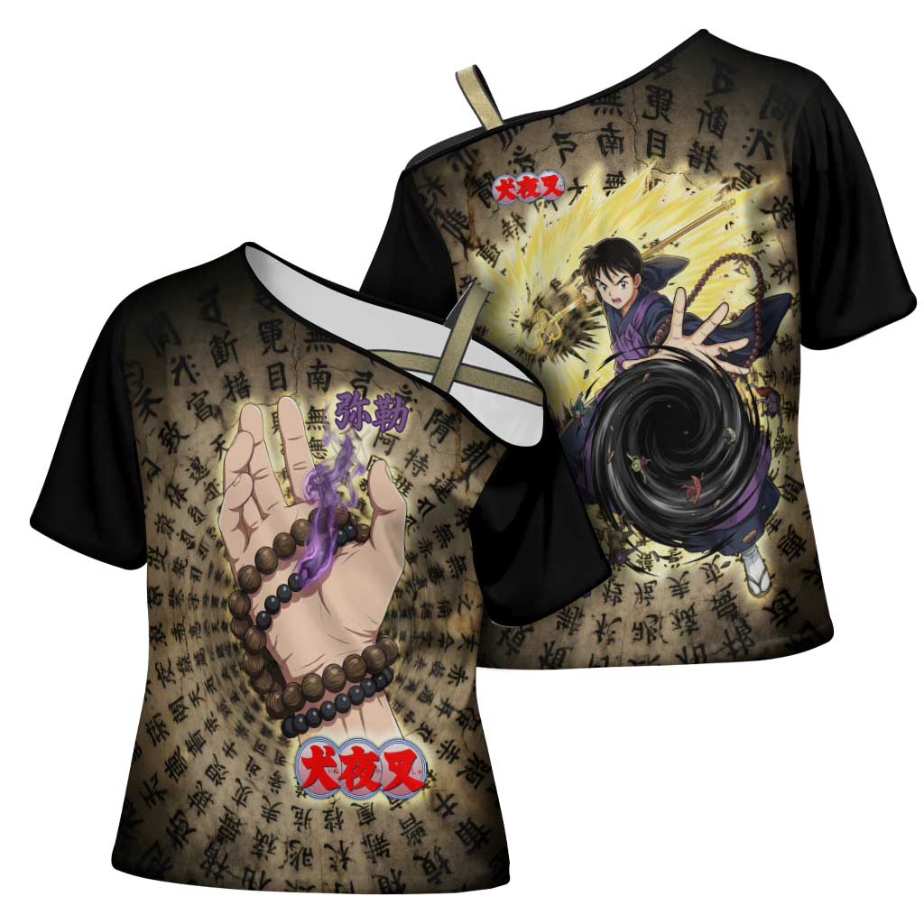 Miroku Inuyasha Series Cross Shoulder Shirt Cursed Monk Aesthetic with Sutra Script Background