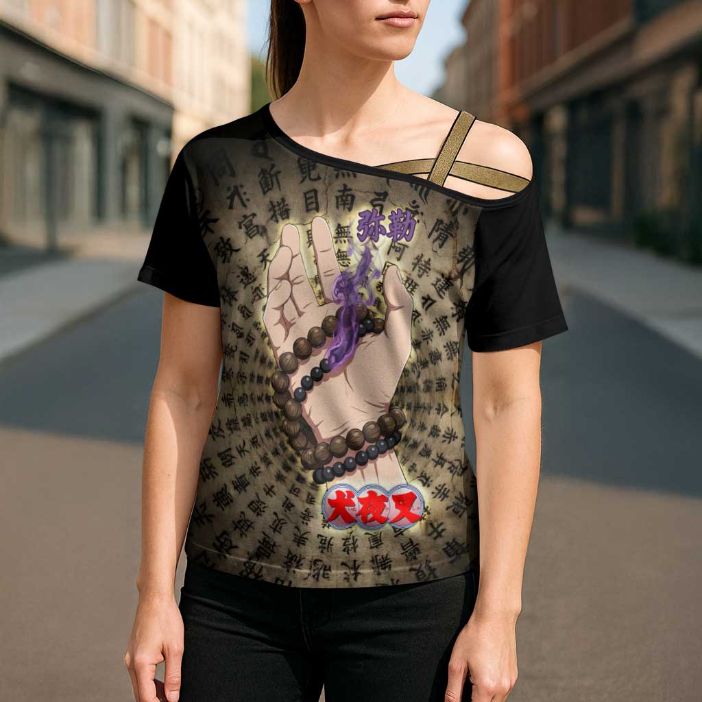 Miroku Inuyasha Series Cross Shoulder Shirt Cursed Monk Aesthetic with Sutra Script Background