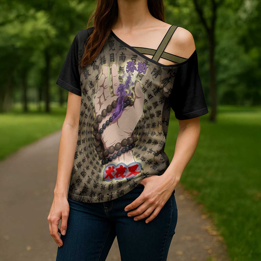 Miroku Inuyasha Series Cross Shoulder Shirt Cursed Monk Aesthetic with Sutra Script Background