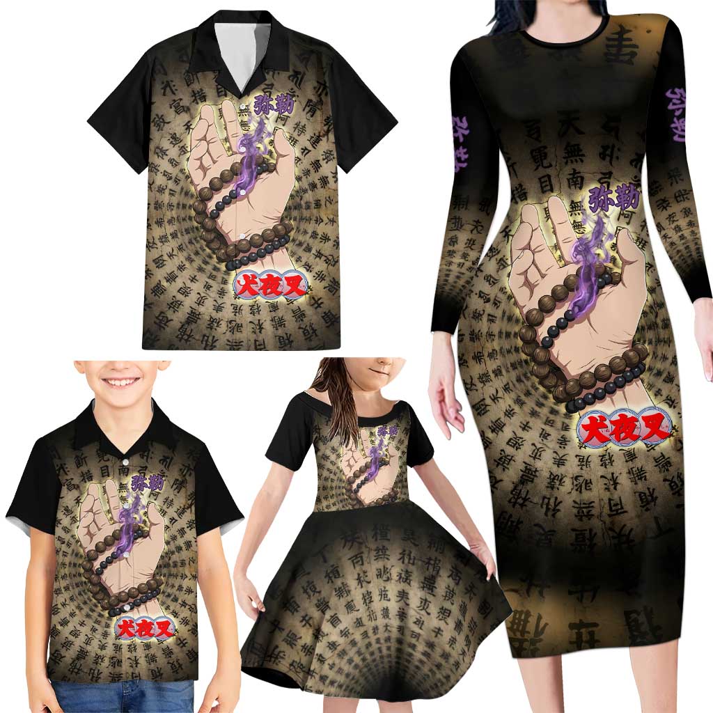 Miroku Inuyasha Series Family Matching Long Sleeve Bodycon Dress and Hawaiian Shirt Cursed Monk Aesthetic with Sutra Script Background