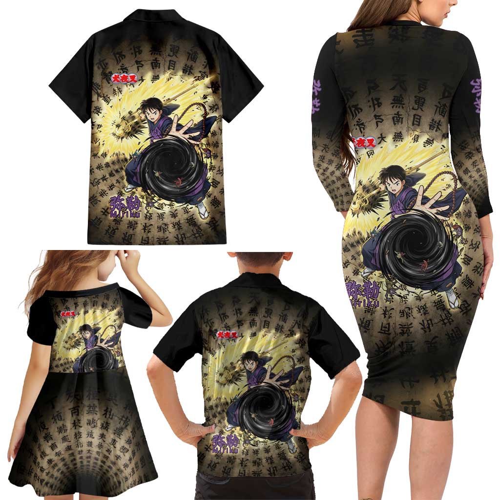 Miroku Inuyasha Series Family Matching Long Sleeve Bodycon Dress and Hawaiian Shirt Cursed Monk Aesthetic with Sutra Script Background