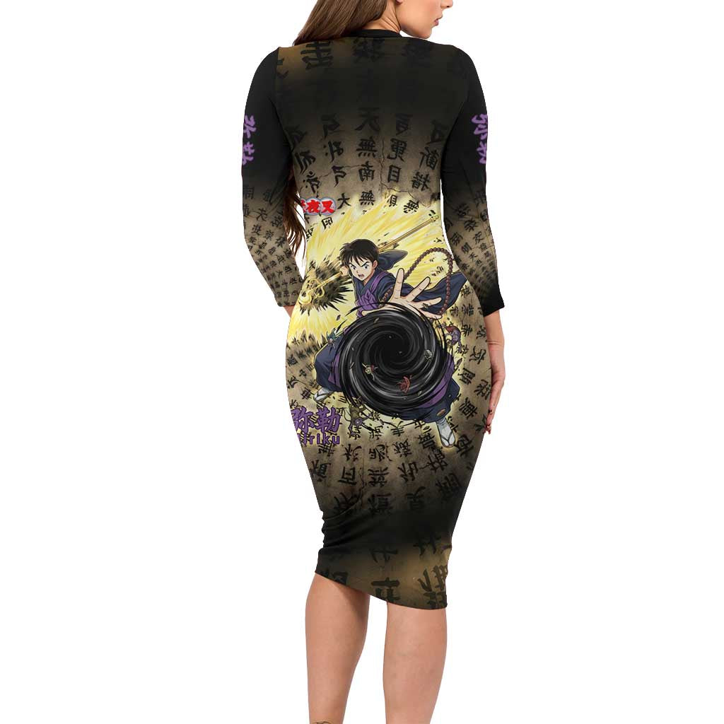 Miroku Inuyasha Series Family Matching Long Sleeve Bodycon Dress and Hawaiian Shirt Cursed Monk Aesthetic with Sutra Script Background