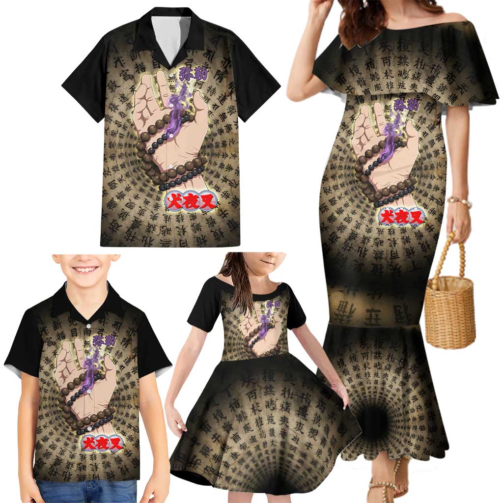 Miroku Inuyasha Series Family Matching Mermaid Dress and Hawaiian Shirt Cursed Monk Aesthetic with Sutra Script Background