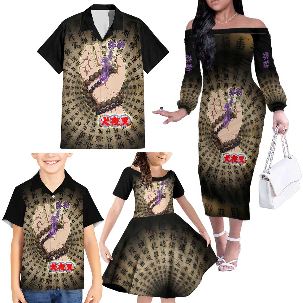 Miroku Inuyasha Series Family Matching Off The Shoulder Long Sleeve Dress and Hawaiian Shirt Cursed Monk Aesthetic with Sutra Script Background