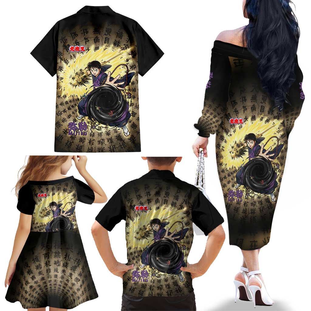 Miroku Inuyasha Series Family Matching Off The Shoulder Long Sleeve Dress and Hawaiian Shirt Cursed Monk Aesthetic with Sutra Script Background