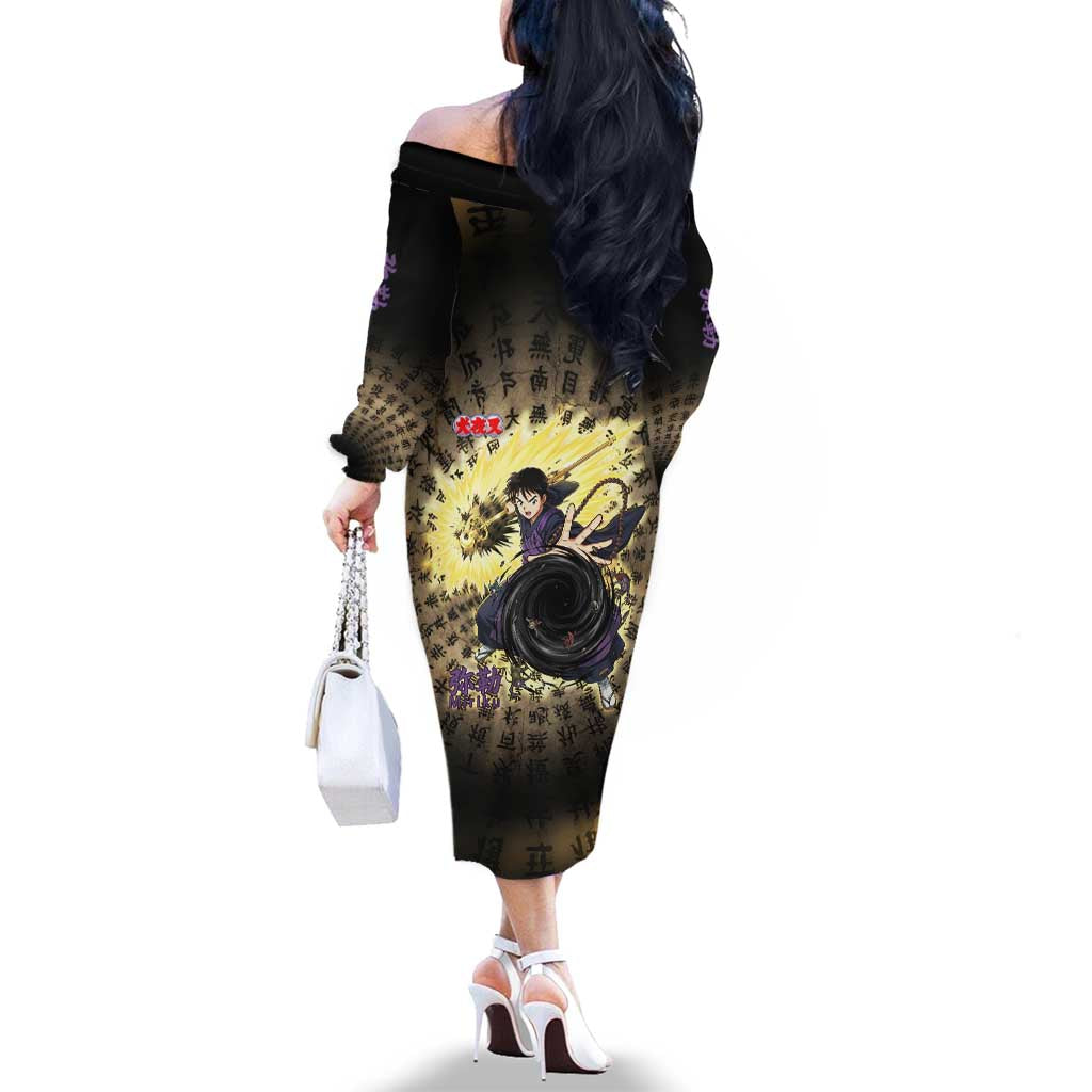 Miroku Inuyasha Series Family Matching Off The Shoulder Long Sleeve Dress and Hawaiian Shirt Cursed Monk Aesthetic with Sutra Script Background