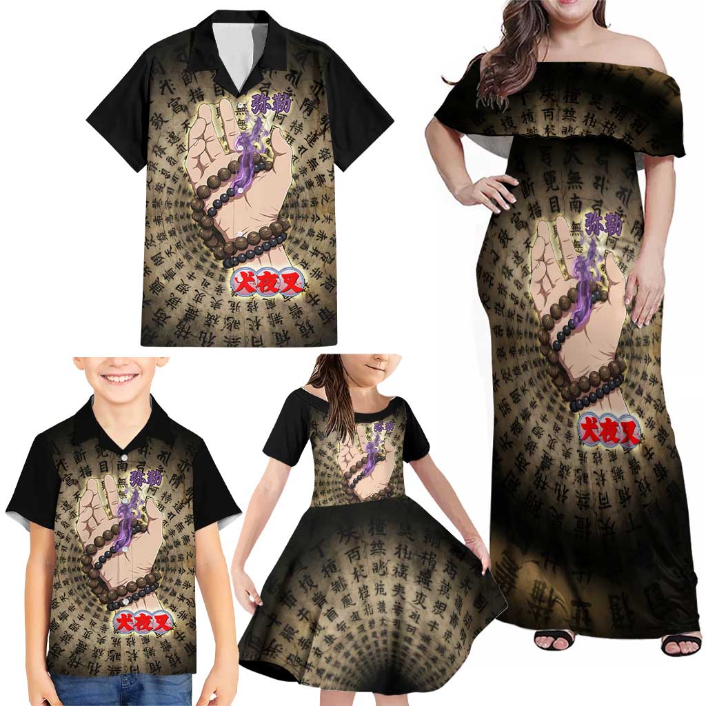 Miroku Inuyasha Series Family Matching Off Shoulder Maxi Dress and Hawaiian Shirt Cursed Monk Aesthetic with Sutra Script Background