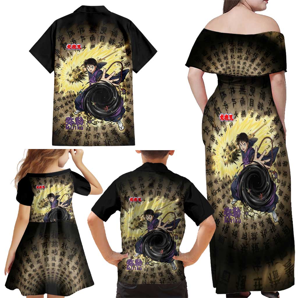 Miroku Inuyasha Series Family Matching Off Shoulder Maxi Dress and Hawaiian Shirt Cursed Monk Aesthetic with Sutra Script Background