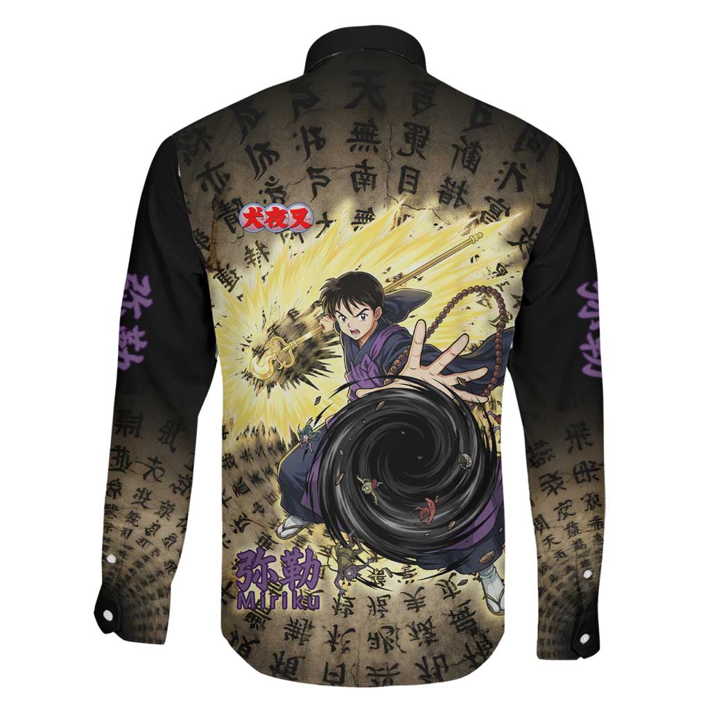 Miroku Inuyasha Series Family Matching Off Shoulder Maxi Dress and Hawaiian Shirt Cursed Monk Aesthetic with Sutra Script Background