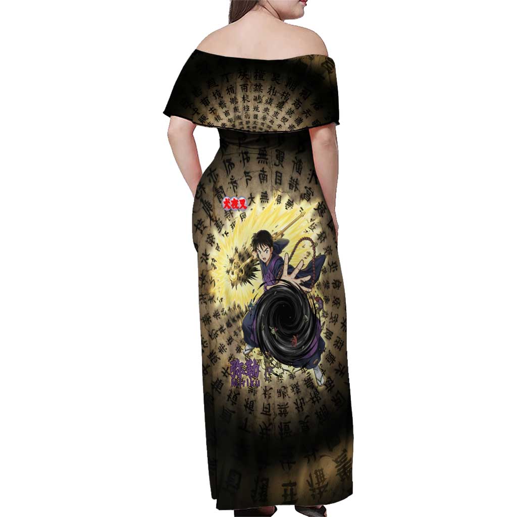 Miroku Inuyasha Series Family Matching Off Shoulder Maxi Dress and Hawaiian Shirt Cursed Monk Aesthetic with Sutra Script Background