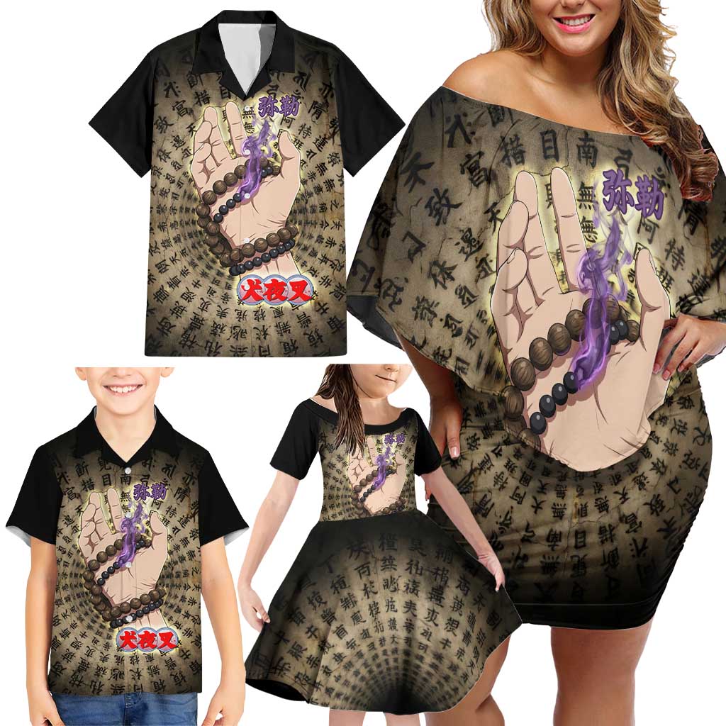 Miroku Inuyasha Series Family Matching Off Shoulder Short Dress and Hawaiian Shirt Cursed Monk Aesthetic with Sutra Script Background