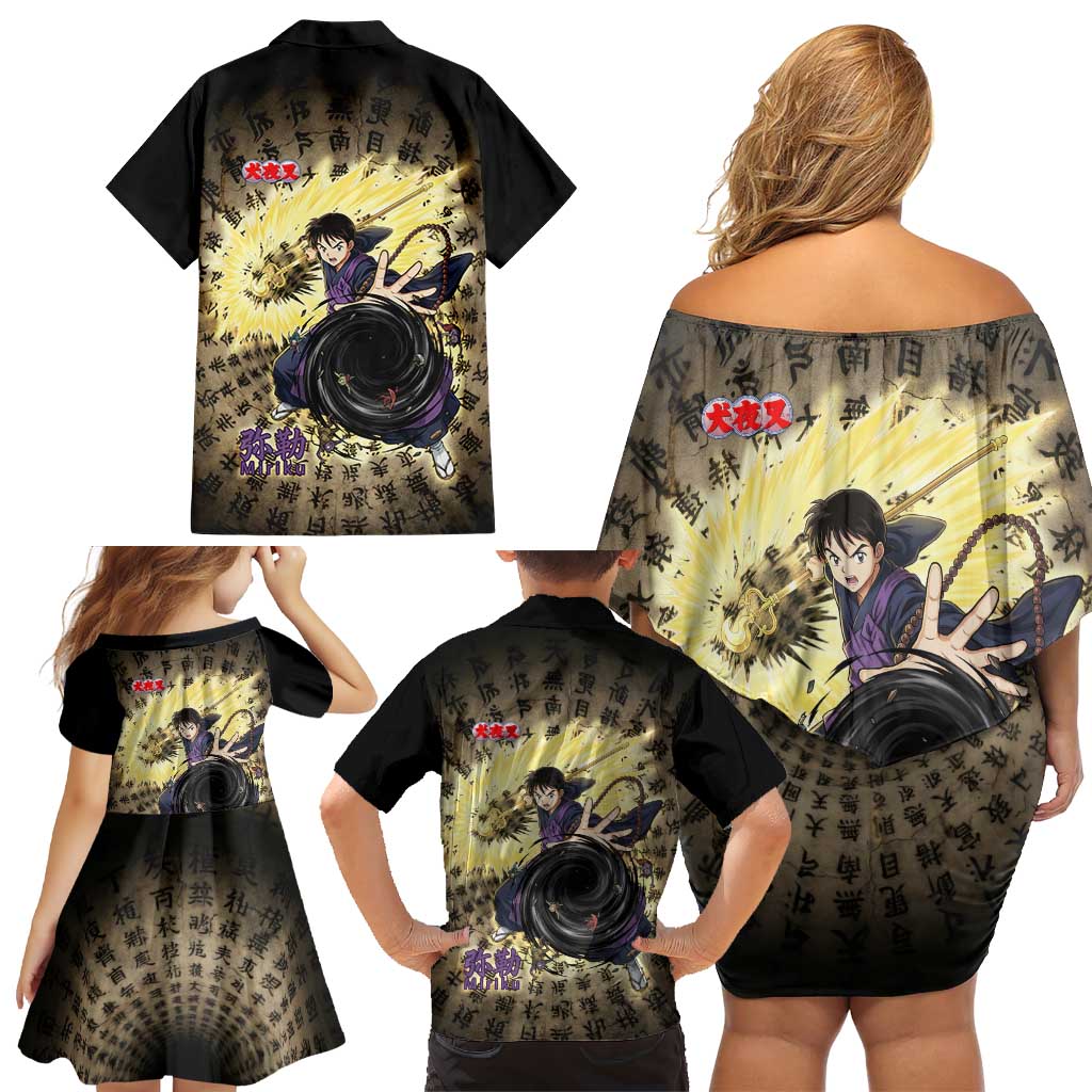 Miroku Inuyasha Series Family Matching Off Shoulder Short Dress and Hawaiian Shirt Cursed Monk Aesthetic with Sutra Script Background
