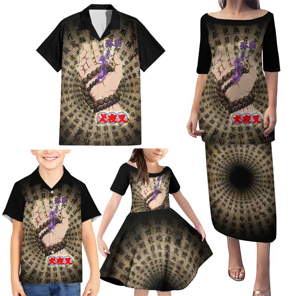 Miroku Inuyasha Series Family Matching Puletasi and Hawaiian Shirt Cursed Monk Aesthetic with Sutra Script Background