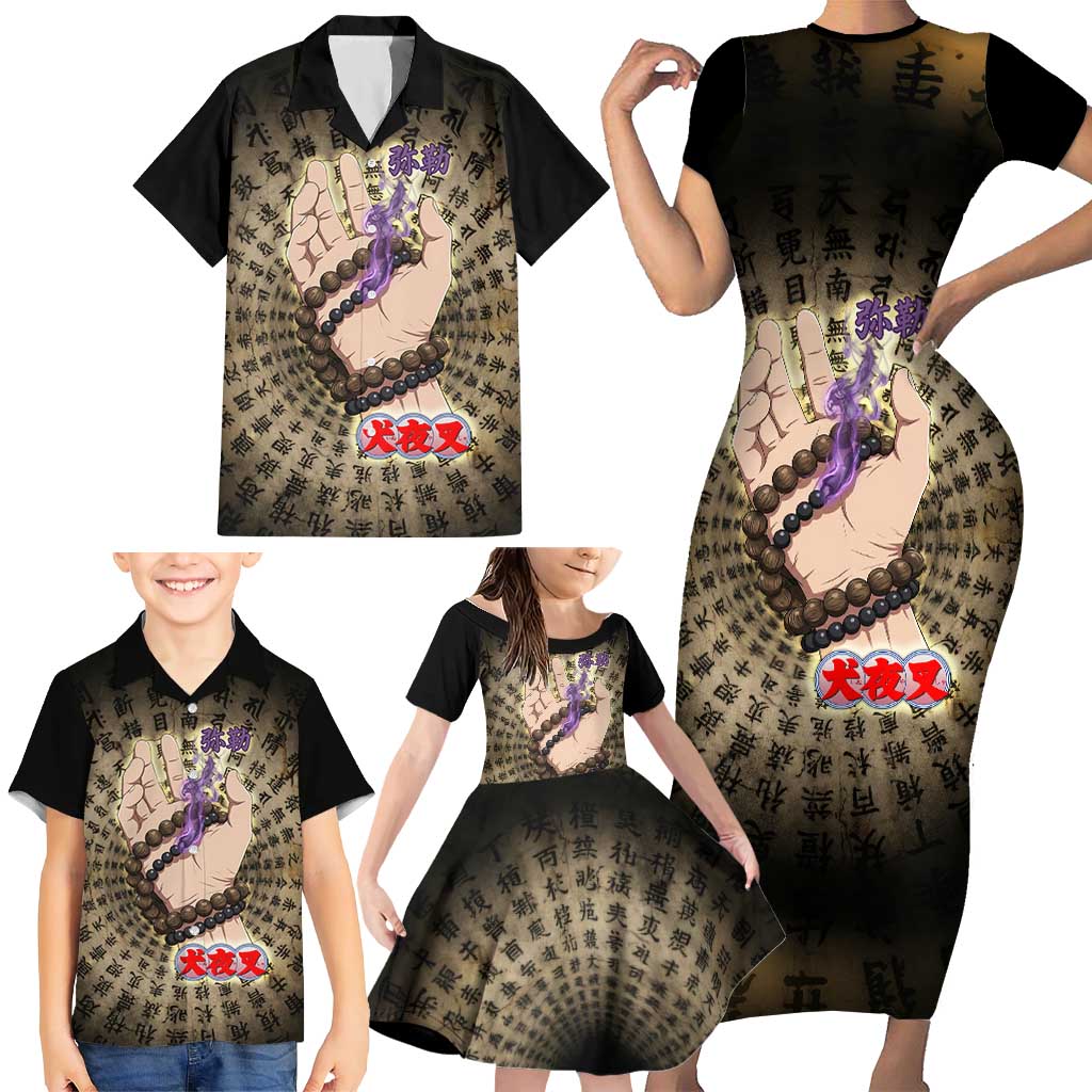 Miroku Inuyasha Series Family Matching Short Sleeve Bodycon Dress and Hawaiian Shirt Cursed Monk Aesthetic with Sutra Script Background
