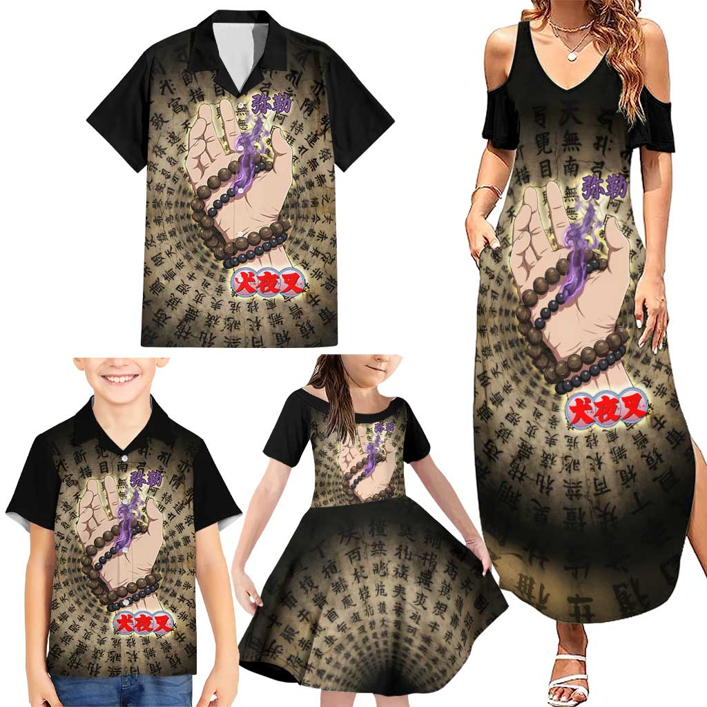Miroku Inuyasha Series Family Matching Summer Maxi Dress and Hawaiian Shirt Cursed Monk Aesthetic with Sutra Script Background